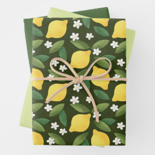 Yellow Lemons, Green Leaves and White Flowers Wrapping Paper Sheet