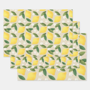 Yellow Lemons, Green Leaves and White Flowers Wrapping Paper Sheet
