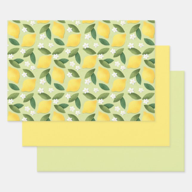 Yellow Lemons, Green Leaves and White Flowers Wrapping Paper Sheet (Set)