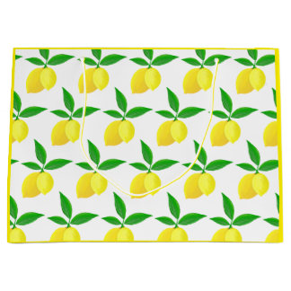 Yellow Lemons Green Leaves White Background Large Gift Bag