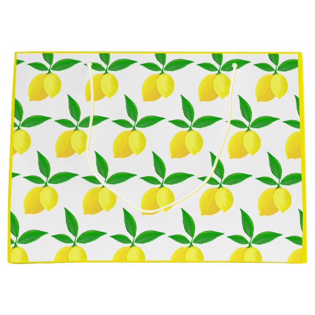 Yellow Lemons Green Leaves White Background Large Gift Bag (Front)