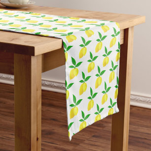 Yellow Lemons Green Leaves White Background Medium Table Runner