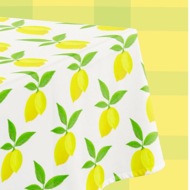 Yellow Lemons Green Leaves White Background Tablecloth (Cheerful lemons!)