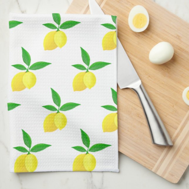 Yellow Lemons Green Leaves White Background Tea Towel (Lemony kitchen towels,)