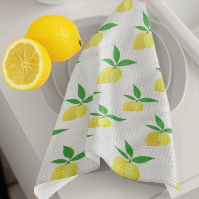 Yellow Lemons Green Leaves White Background Tea Towel (Freshen up the kitchen with these cheerful lemons!)