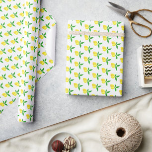 Yellow Lemons Green Leaves White Background Wrapping Paper