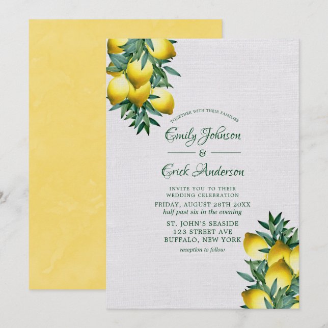 Yellow Lemons Greenery Vine Watercolor Wedding  In Invitation (Front/Back)