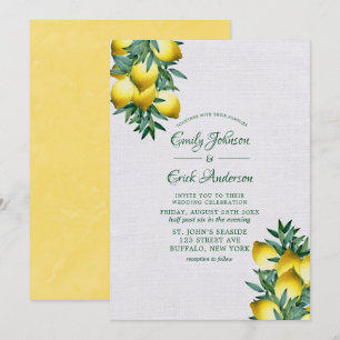 Yellow Lemons Greenery Vine Watercolor Wedding  In Invitation