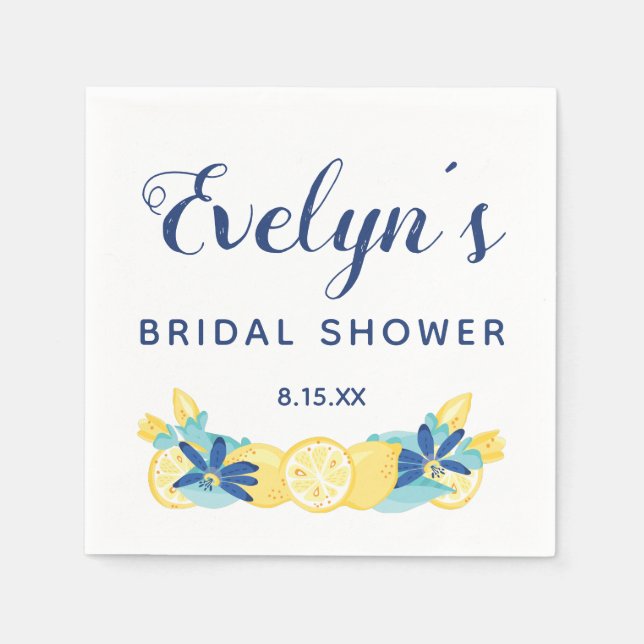 Yellow Lemons Mint Green and Blue Bridal Shower Napkin (Front)