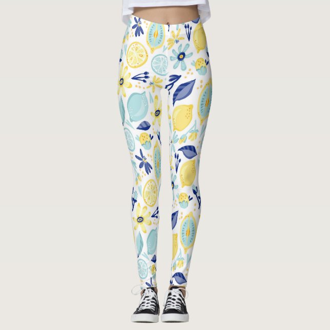 Yellow Lemons Mint Green and Blue Patterned Print Leggings (Front)