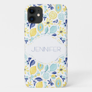 Yellow Lemons Mint Green and Blue Personalised iPhone 11 Case