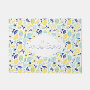 Yellow Lemons Mint Green and Blue Personalised Doormat