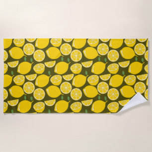 Yellow Lemons & Olive Green Pattern: Modern Citrus Beach Towel