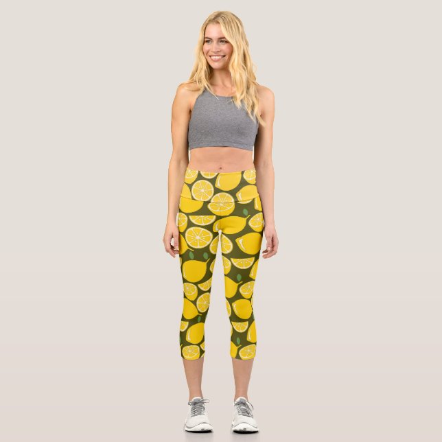 Yellow Lemons & Olive Green Pattern: Modern Citrus Capri Leggings (Front)