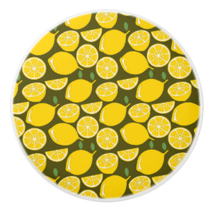 Yellow Lemons & Olive Green Pattern: Modern Citrus Ceramic Knob