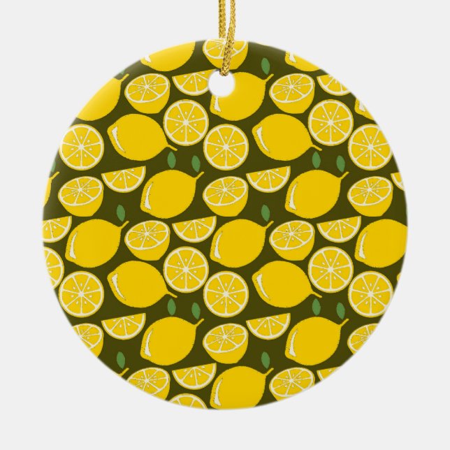 Yellow Lemons & Olive Green Pattern: Modern Citrus Ceramic Tree Decoration (Front)