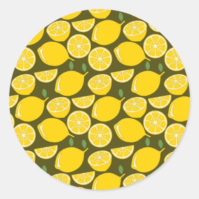 Yellow Lemons & Olive Green Pattern: Modern Citrus Classic Round Sticker (Front)