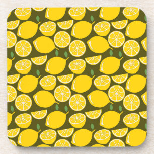 Yellow Lemons & Olive Green Pattern: Modern Citrus Coaster
