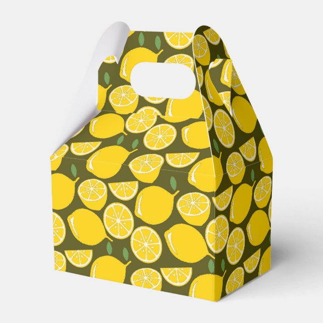 Yellow Lemons & Olive Green Pattern: Modern Citrus Favour Box (Front Side)