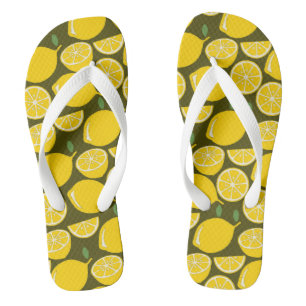 Yellow Lemons & Olive Green Pattern: Modern Citrus Flip Flops