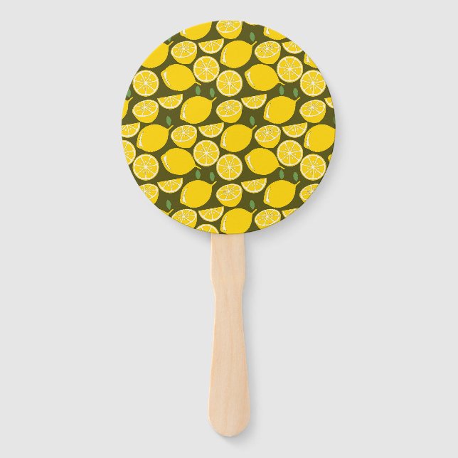 Yellow Lemons & Olive Green Pattern: Modern Citrus Hand Fan (Front)