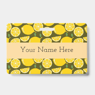 Yellow Lemons & Olive Green Pattern: Modern Citrus ID Badge