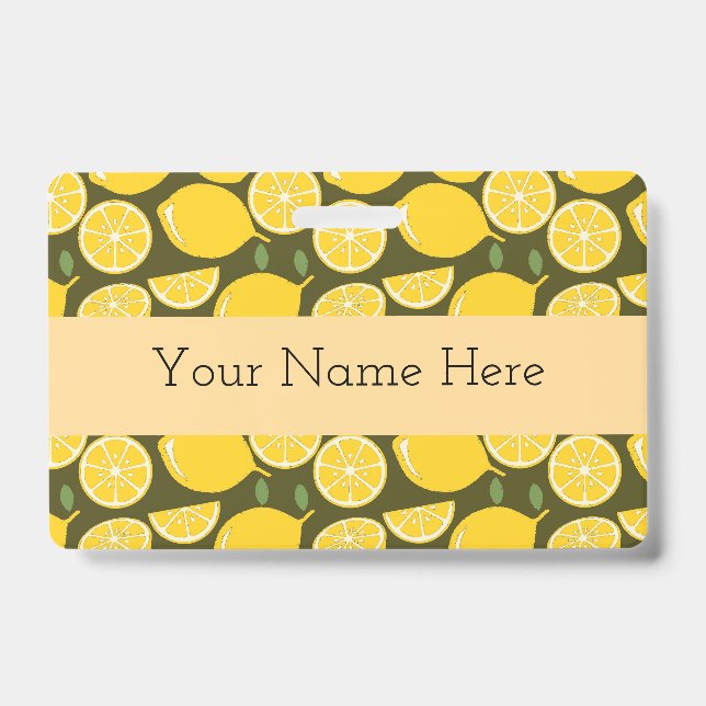 Yellow Lemons & Olive Green Pattern: Modern Citrus ID Badge (Front)