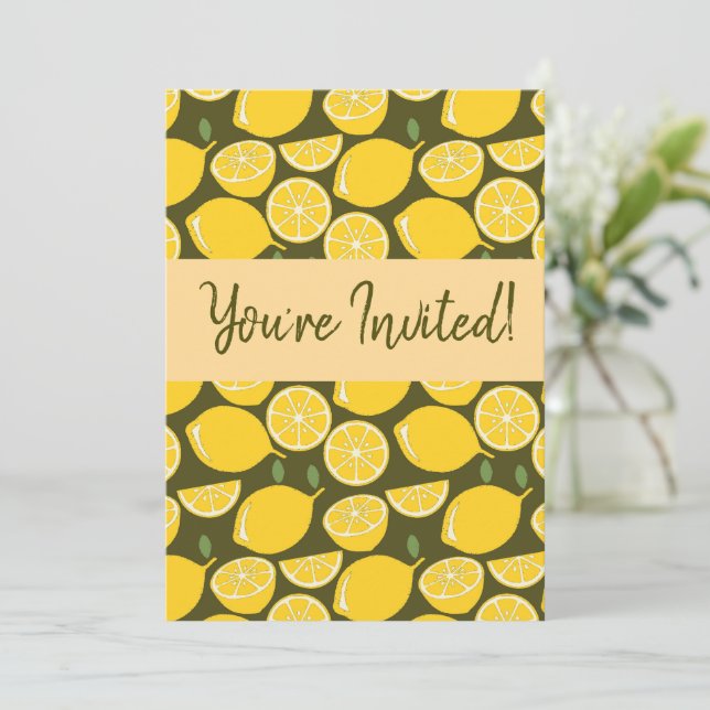 Yellow Lemons & Olive Green Pattern: Modern Citrus Invitation (Standing Front)