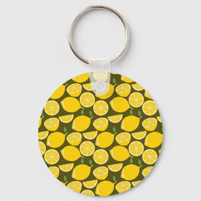 Yellow Lemons & Olive Green Pattern: Modern Citrus Key Ring (Front)