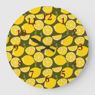 Yellow Lemons & Olive Green Pattern: Modern Citrus Large Clock