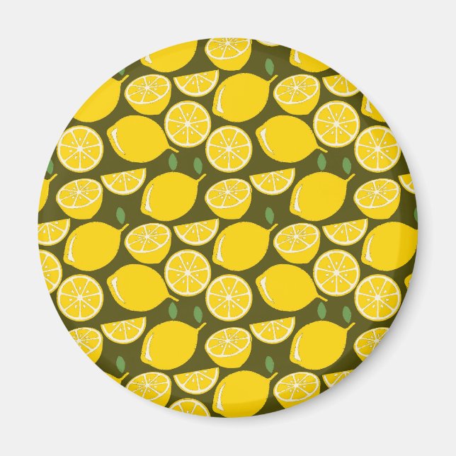 Yellow Lemons & Olive Green Pattern: Modern Citrus Magnet (Front)