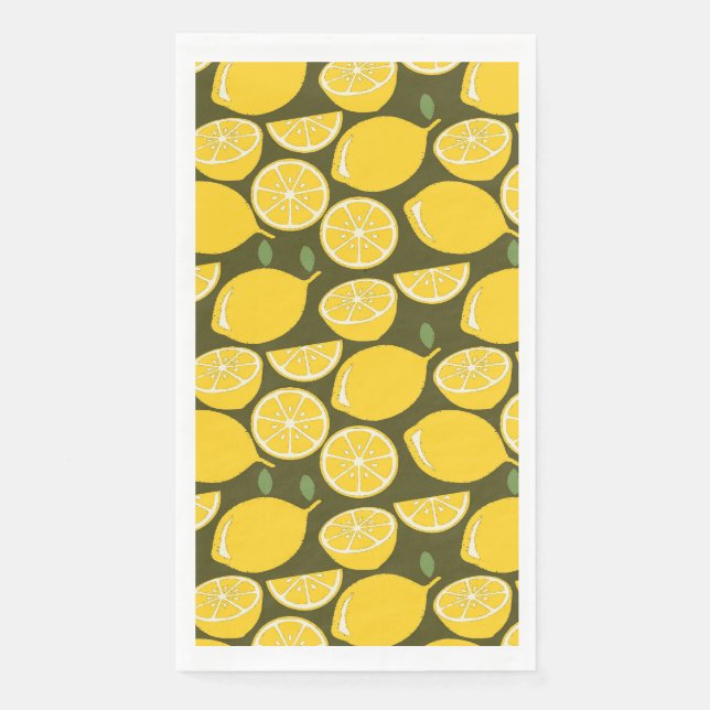 Yellow Lemons & Olive Green Pattern: Modern Citrus Napkin (Front)