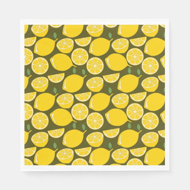 Yellow Lemons & Olive Green Pattern: Modern Citrus Napkin (Front)