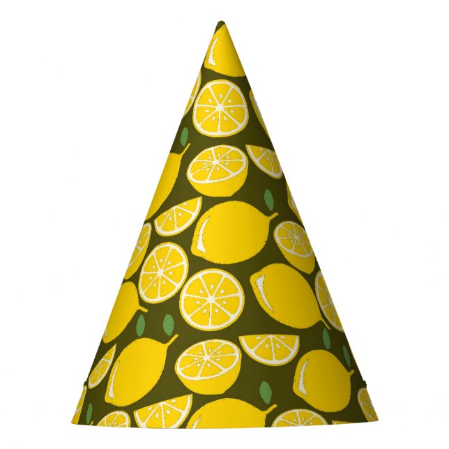Yellow Lemons & Olive Green Pattern: Modern Citrus Party Hat (Front)