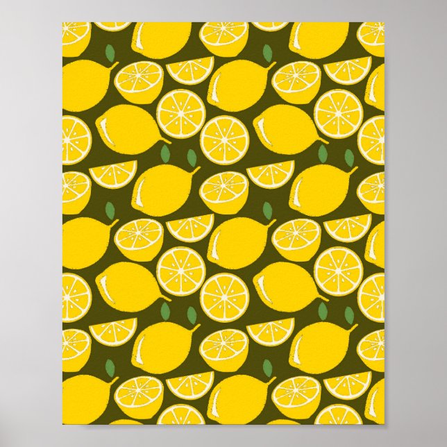 Yellow Lemons & Olive Green Pattern: Modern Citrus Poster (Front)