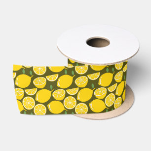 Yellow Lemons & Olive Green Pattern: Modern Citrus Satin Ribbon