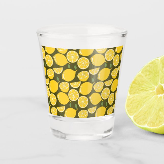 Yellow Lemons & Olive Green Pattern: Modern Citrus Shot Glass (Front)