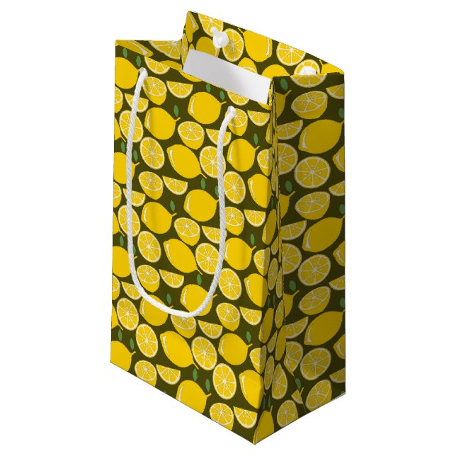 Yellow Lemons & Olive Green Pattern: Modern Citrus Small Gift Bag (Front Angled)