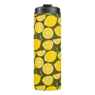 Yellow Lemons & Olive Green Pattern: Modern Citrus Thermal Tumbler