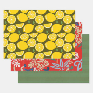 Yellow Lemons & Olive Green Pattern: Modern Citrus Wrapping Paper Sheet