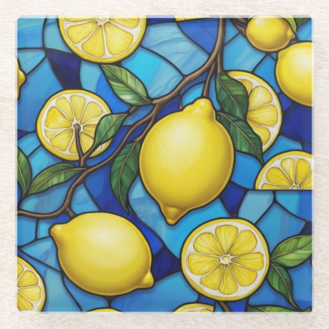 Yellow Lemons on Blue Stained Glass Art Coaster (Front)