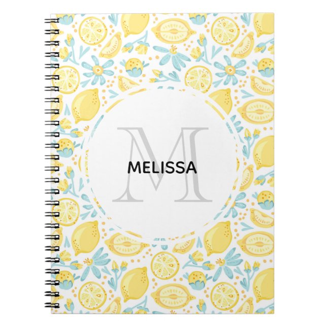 Yellow Lemons & Pastel Blue Flowers Monogram Name Notebook (Front)