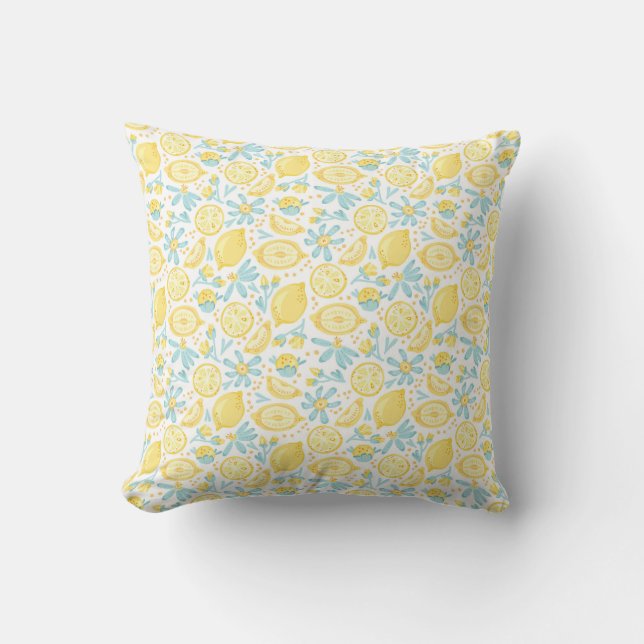 Yellow Lemons & Pastel Blue Flowers Pattern Cushion (Front)