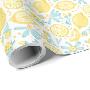 Yellow Lemons & Pastel Blue Flowers Pattern Wrapping Paper