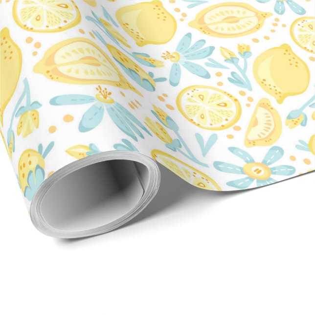 Yellow Lemons & Pastel Blue Flowers Pattern Wrapping Paper (Roll Corner)