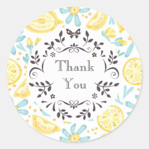 Yellow Lemons & Pastel Blue Flowers Thank You Classic Round Sticker