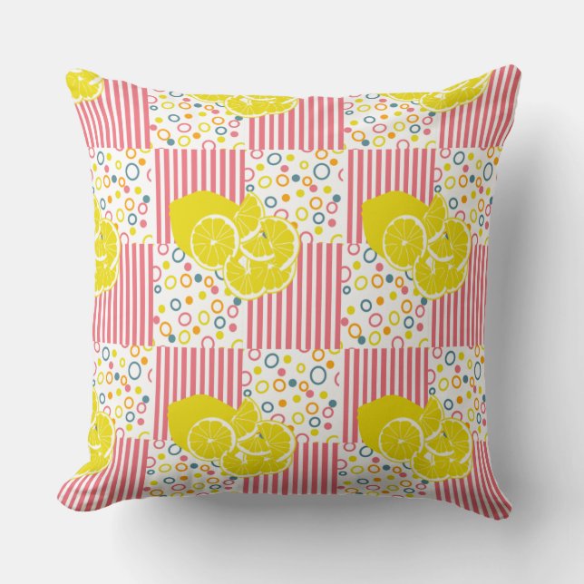 Yellow Lemons Pink Stripes Checks Summer Cushion (Front)