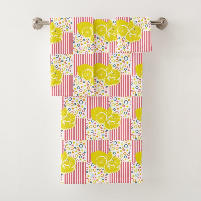 Yellow Lemons Pink Stripes Circles Dots Bath Towel Set (Insitu)