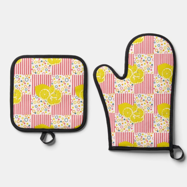 Yellow Lemons Pink stripes Oven Mitt & Pot Holder Set (Front)