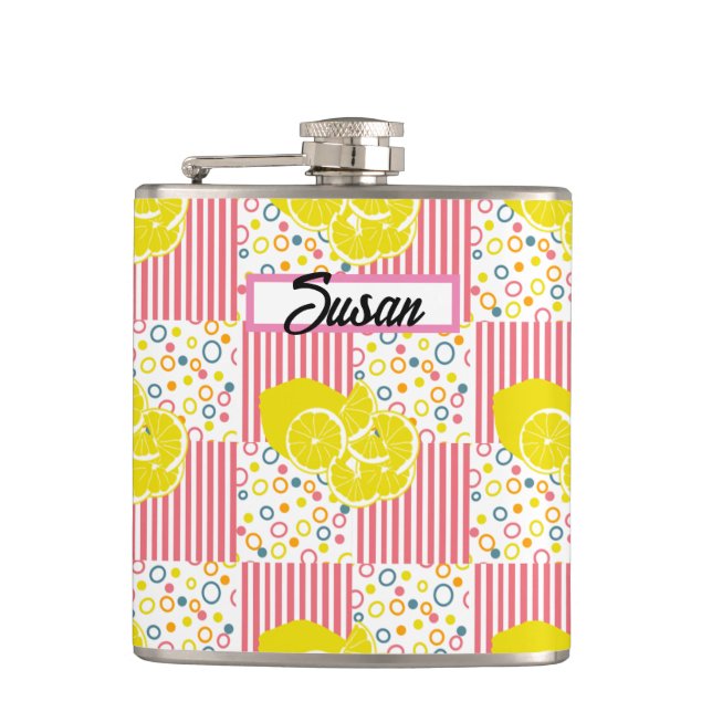 Yellow Lemons Pink Stripes Summer Hip Flask (Front)